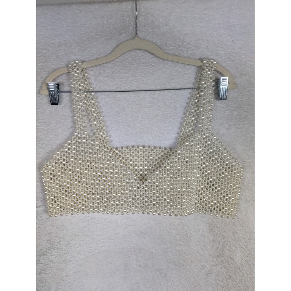 Unbranded Pearl Beaded Crop Top Women's M/L Ivory Padded Mermaidcore Festival